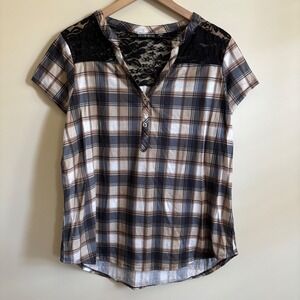 Kristin Nicole Plaid Lace Yoke Henley Top 2X Tan Black Short Sleeve Blouse